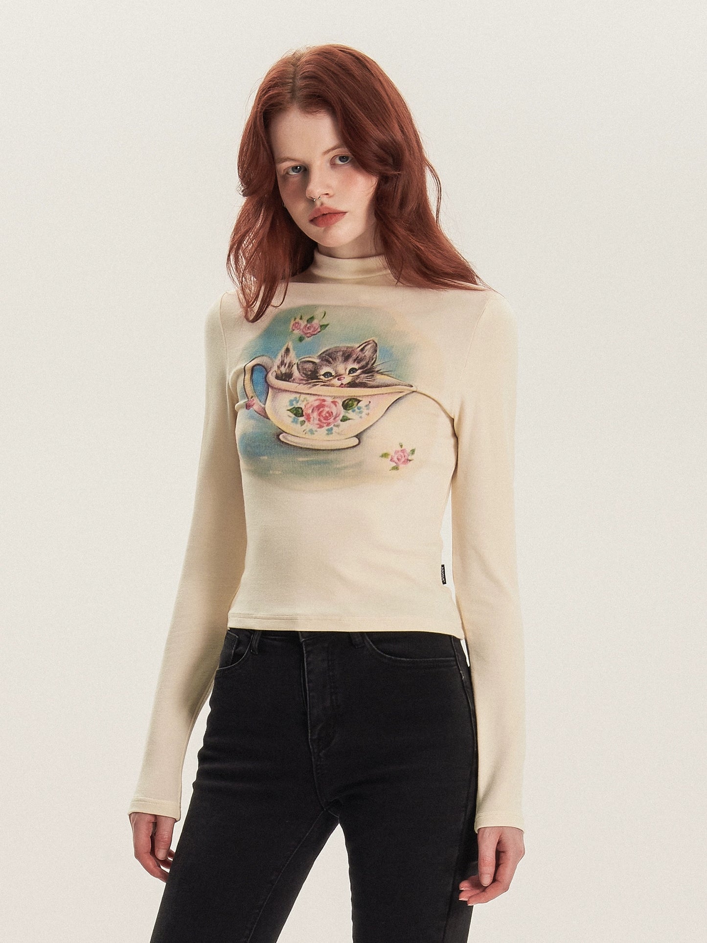 American vintage high neck long sleeve T-shirt top