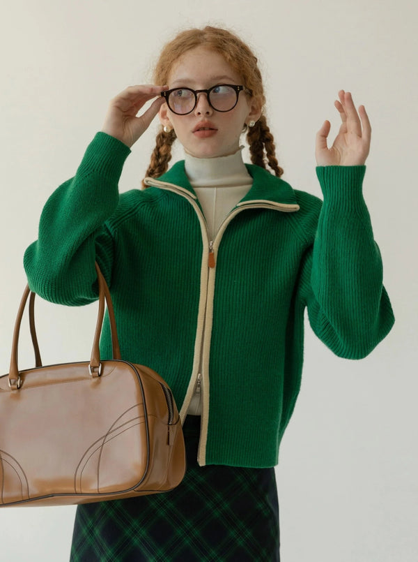 Retro lapel zip knit jacket