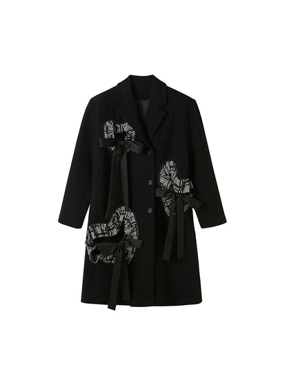 Plaid love slim long black woolen coat