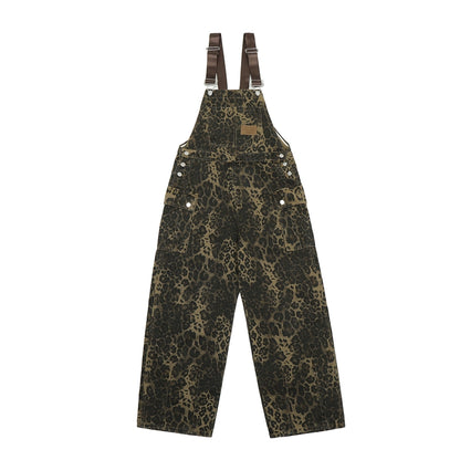 American retro leopard print cargo pocket bib pant