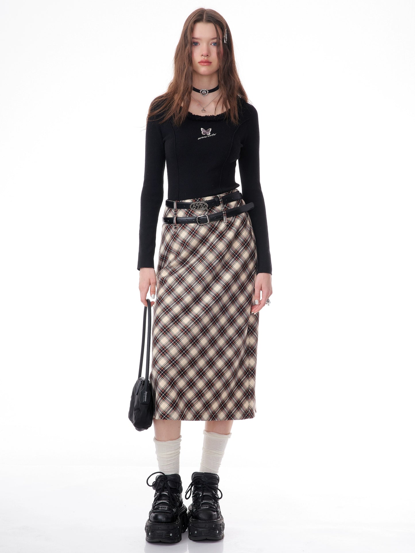 American high-waisted a-line midi plaid skirt