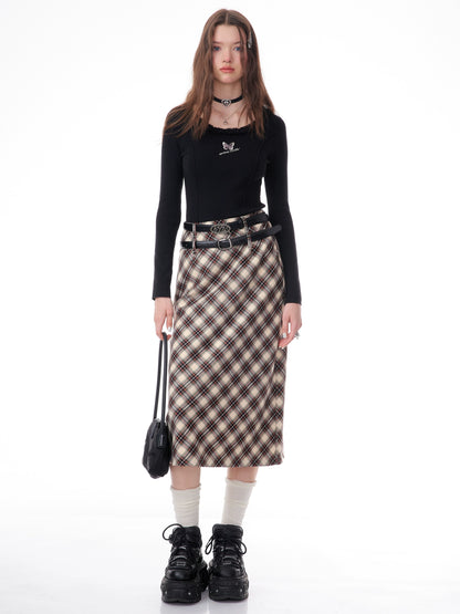 American high-waisted a-line midi plaid skirt