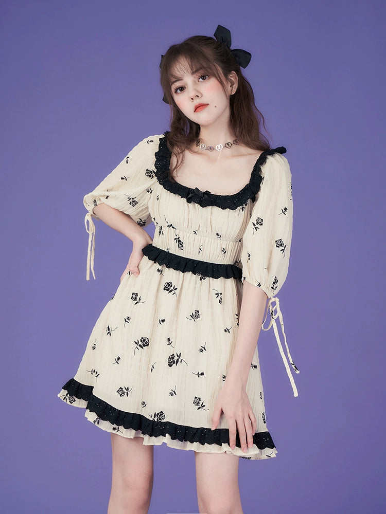 Rose print puff sleeve high waist princess dress