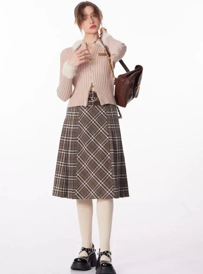 A-line plaid thickened pleated midi length Skirt