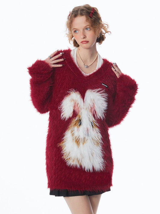 Red Advanced Rabbit V-neck Sweater