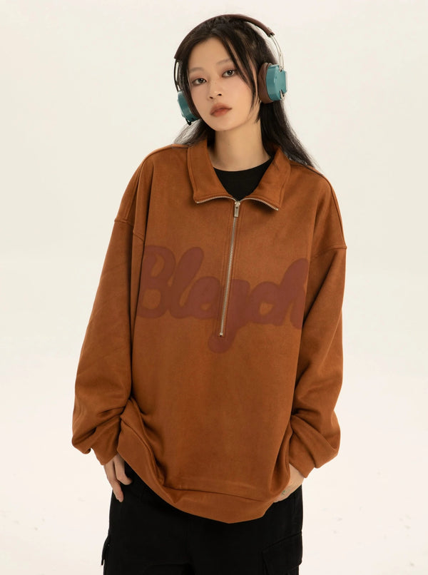 American zipper polo collar suede oversize coat