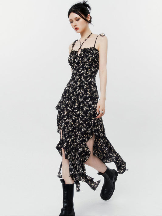 Cool Black Floral Ruffle Irehem Halter Bow Cami Dress