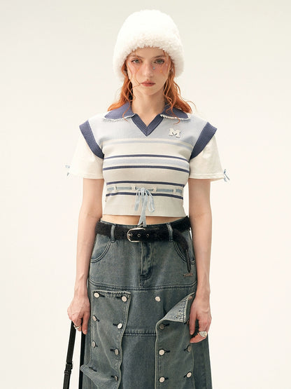 Fake two-piece striped short sleeve T-shirt