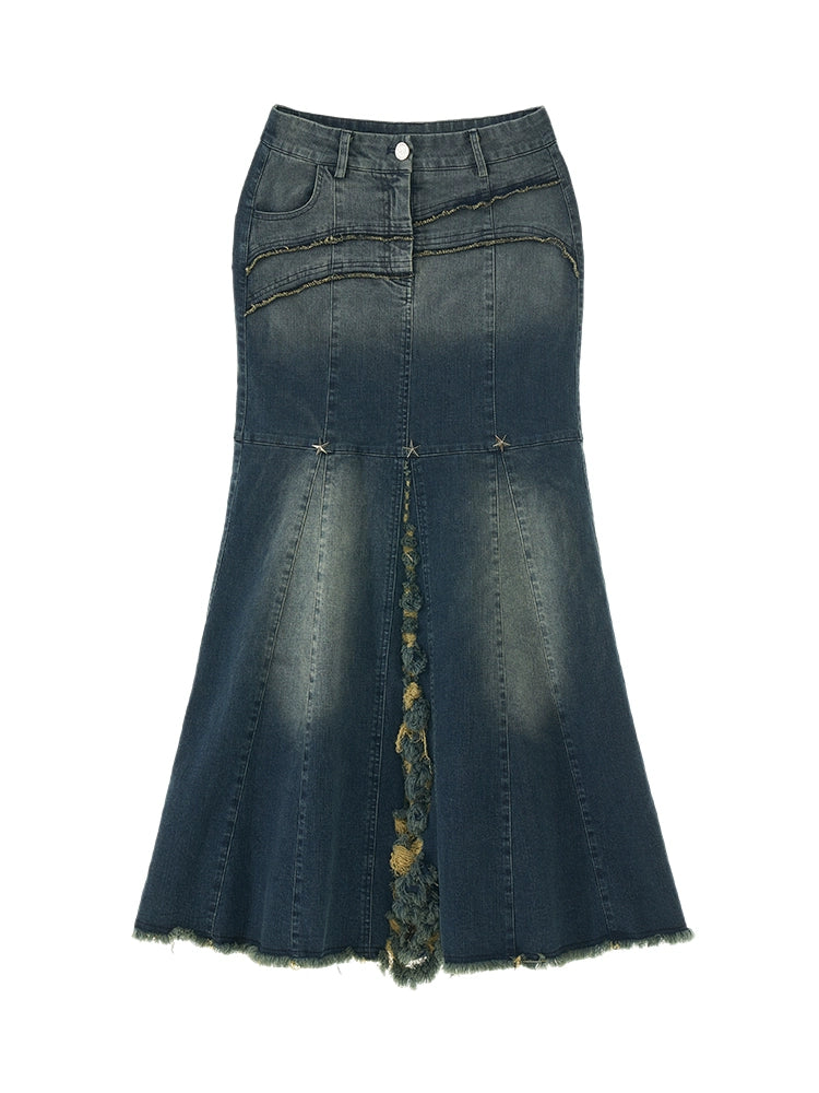 Star Rivet Slit Denim Skirt