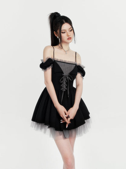 Lace-up layered tulle dress