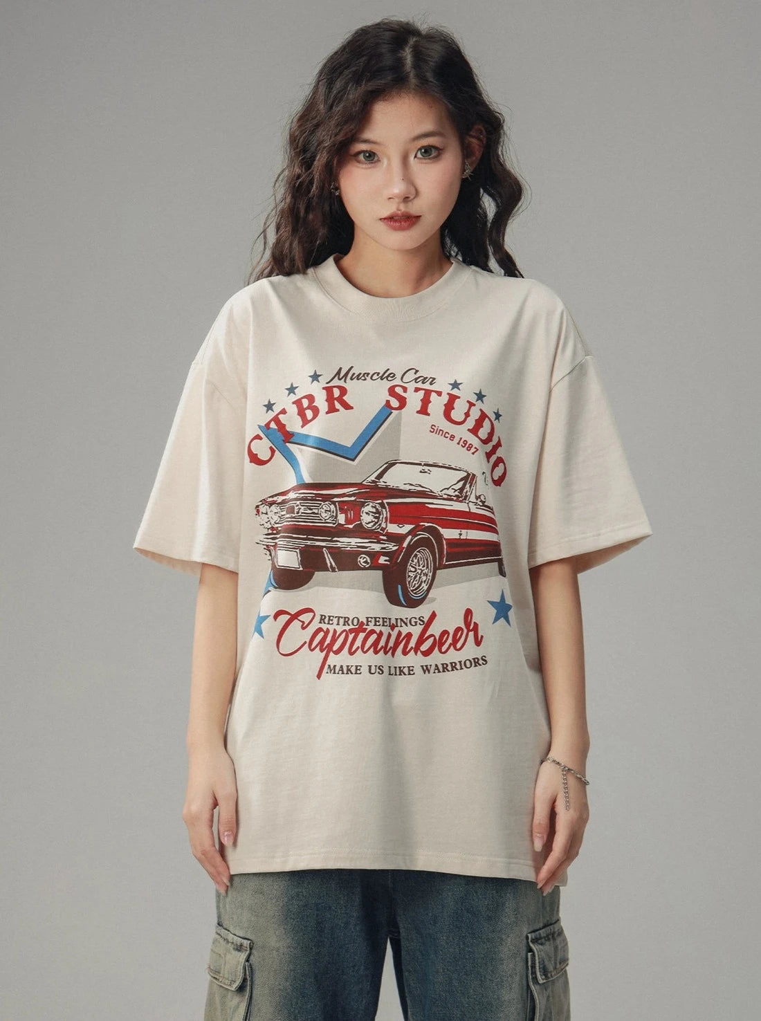 American Retro Car Loose Crew Neck T-Shirt