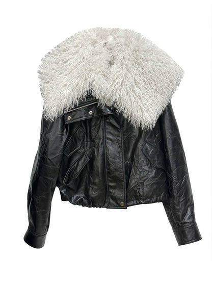 Removable large fur collar imitation leather jacket