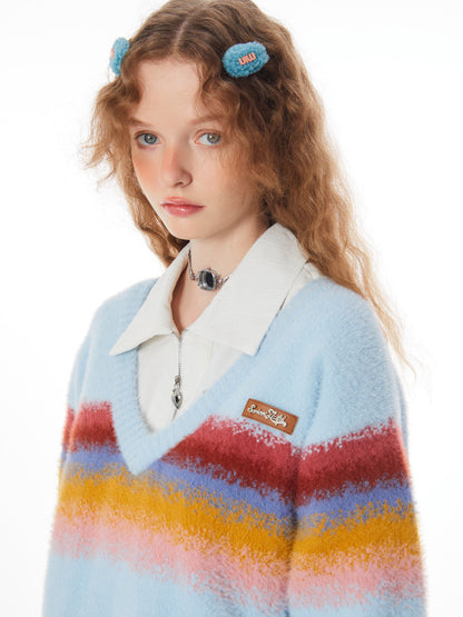 Stitching Rainbow stripes V-neck Sweater