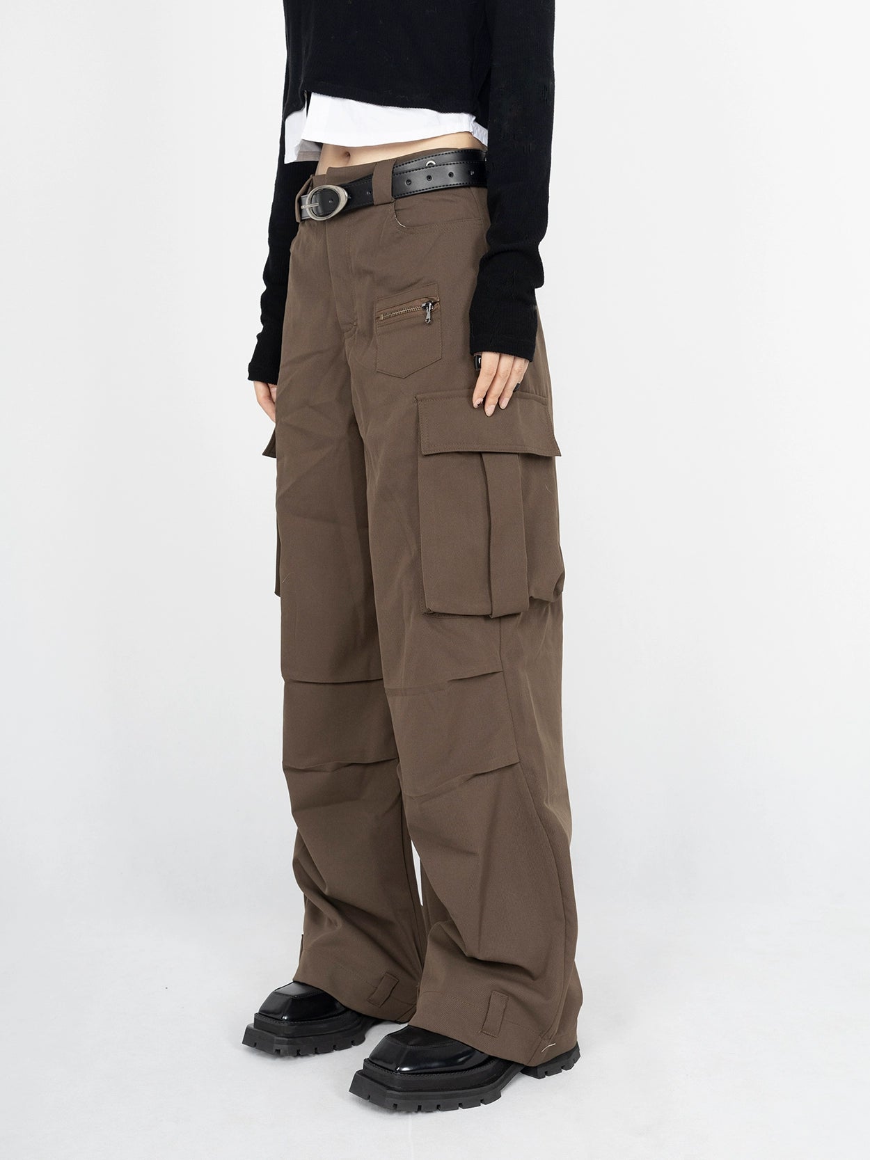 Korean casual high waisted slim pleated pocket pants