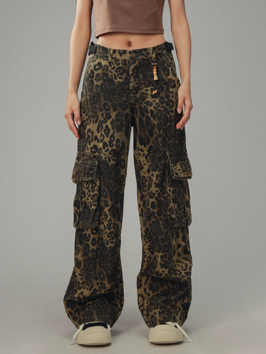 American Retro Leopard Print Pocket Pants