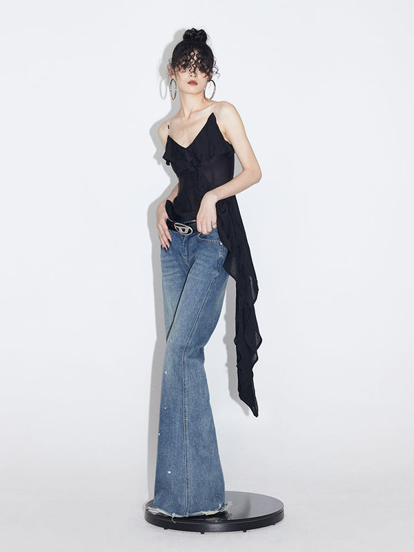 Beaded Shoulder Strap Asymmetrical Flared Camisole