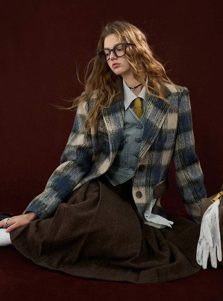 Tweed blazer pleated skirt Set-up