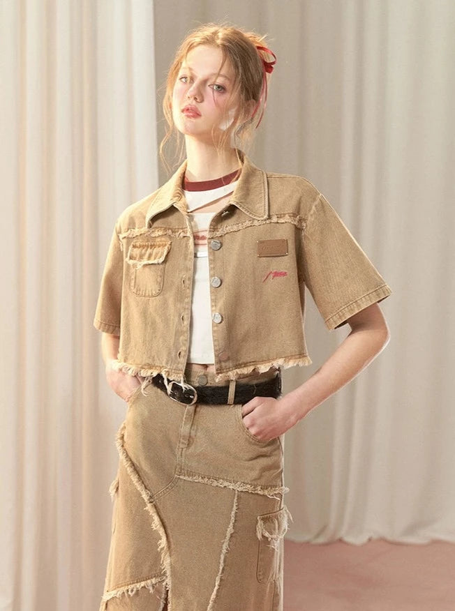 Denim short-sleeved and long skirt two-piece Set-up