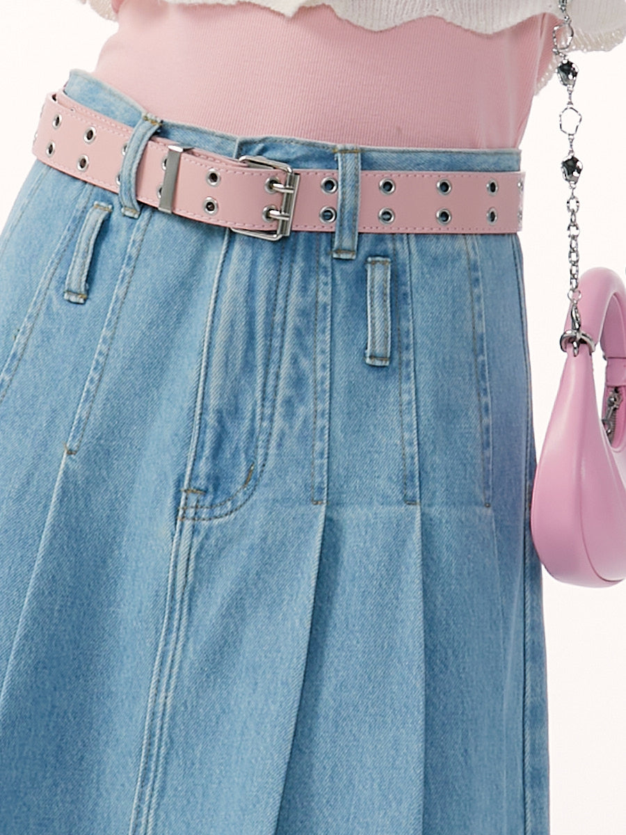 Pleated Denim Skirt