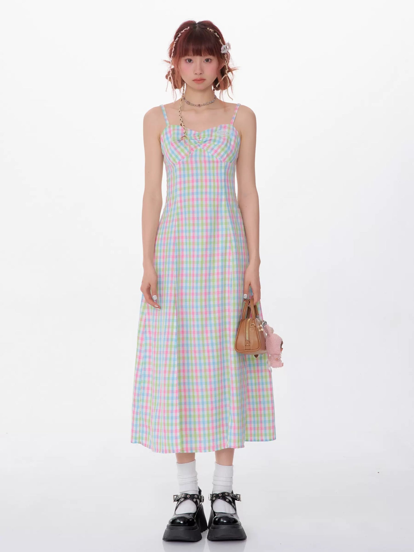 Slim Color Suspender Plaid Sleeveless Dress