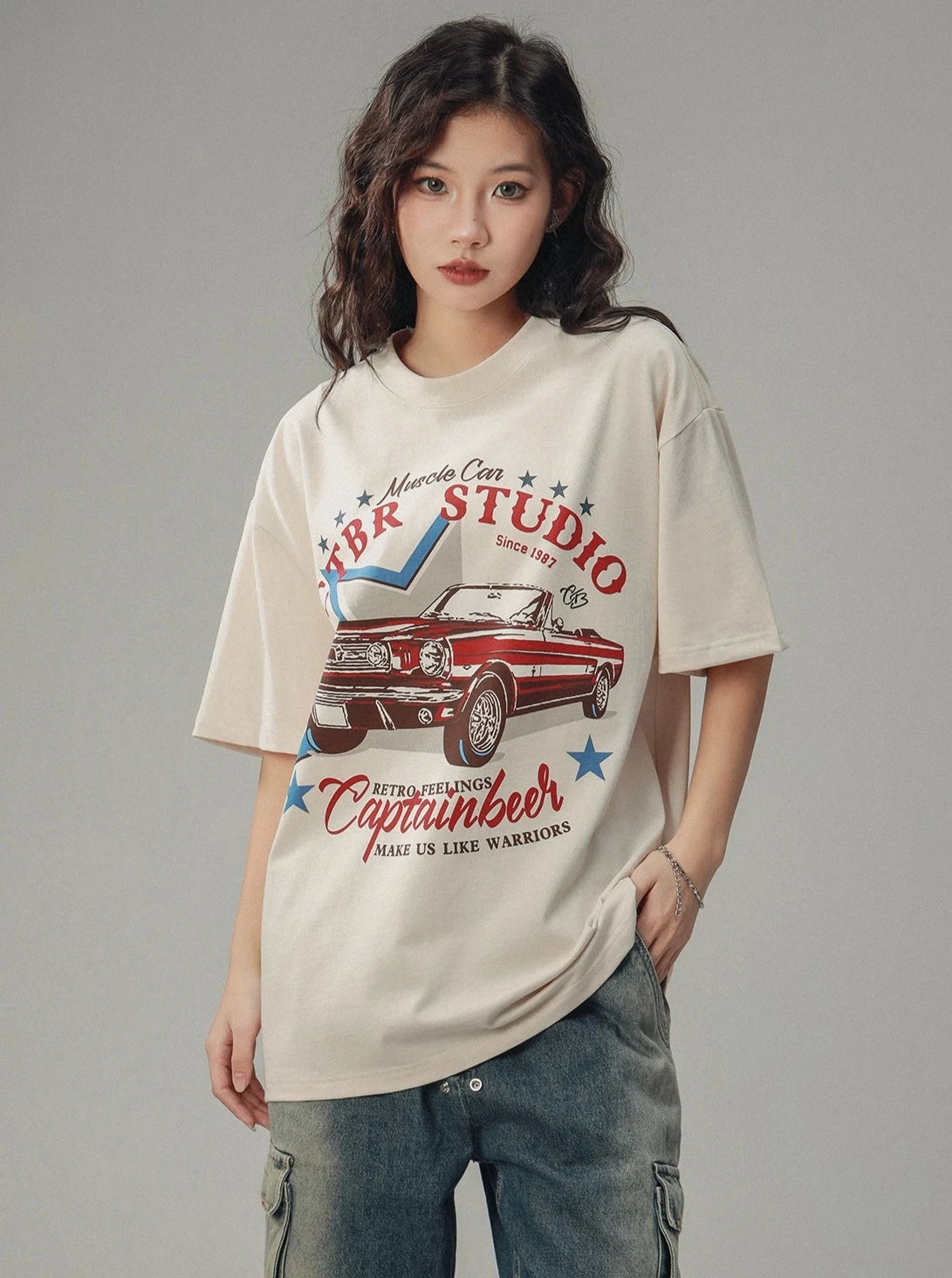 American Retro Car Loose Crew Neck T-Shirt