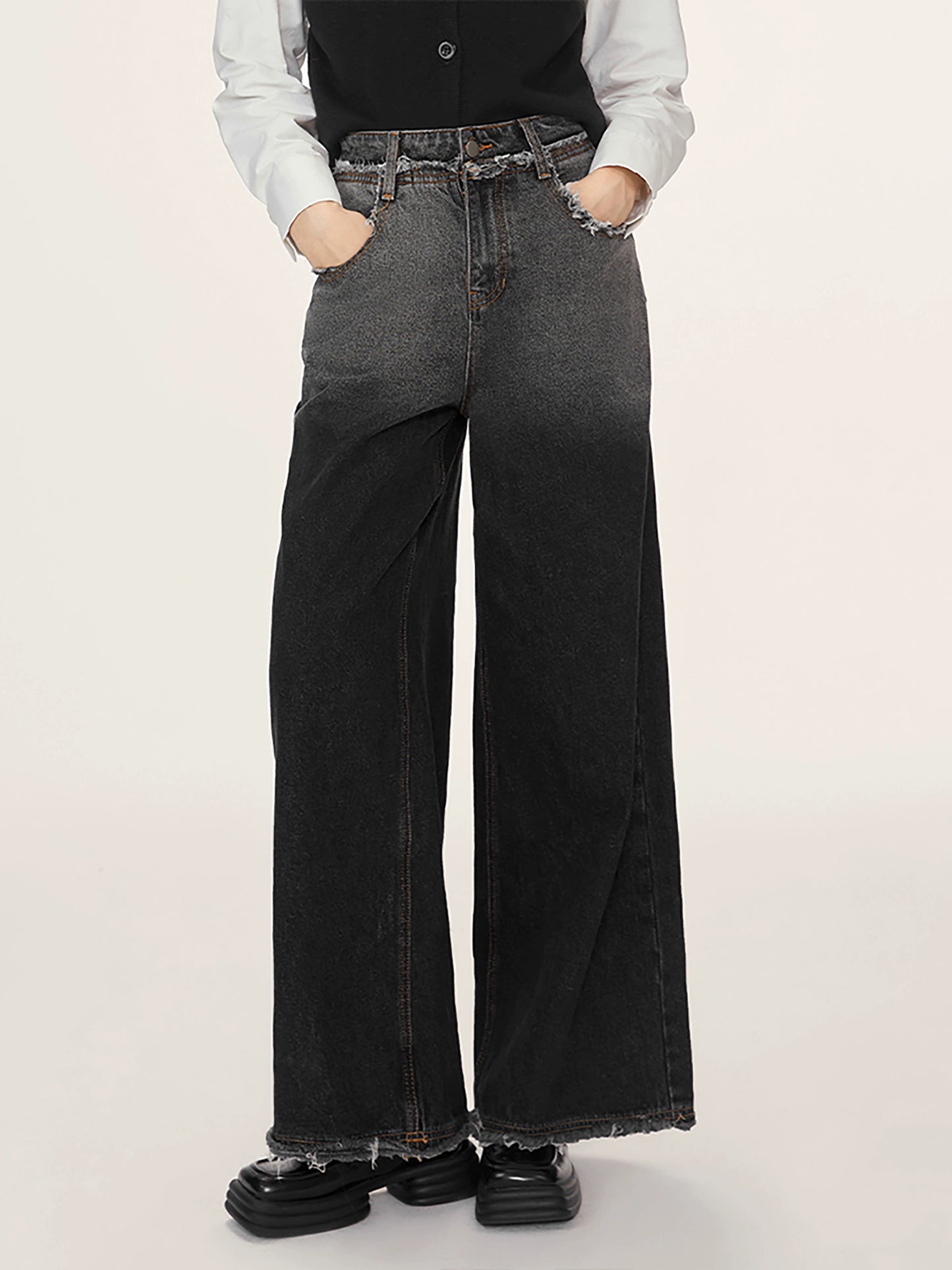 Raw Edge Gradient Wide-Leg Jeans Pants