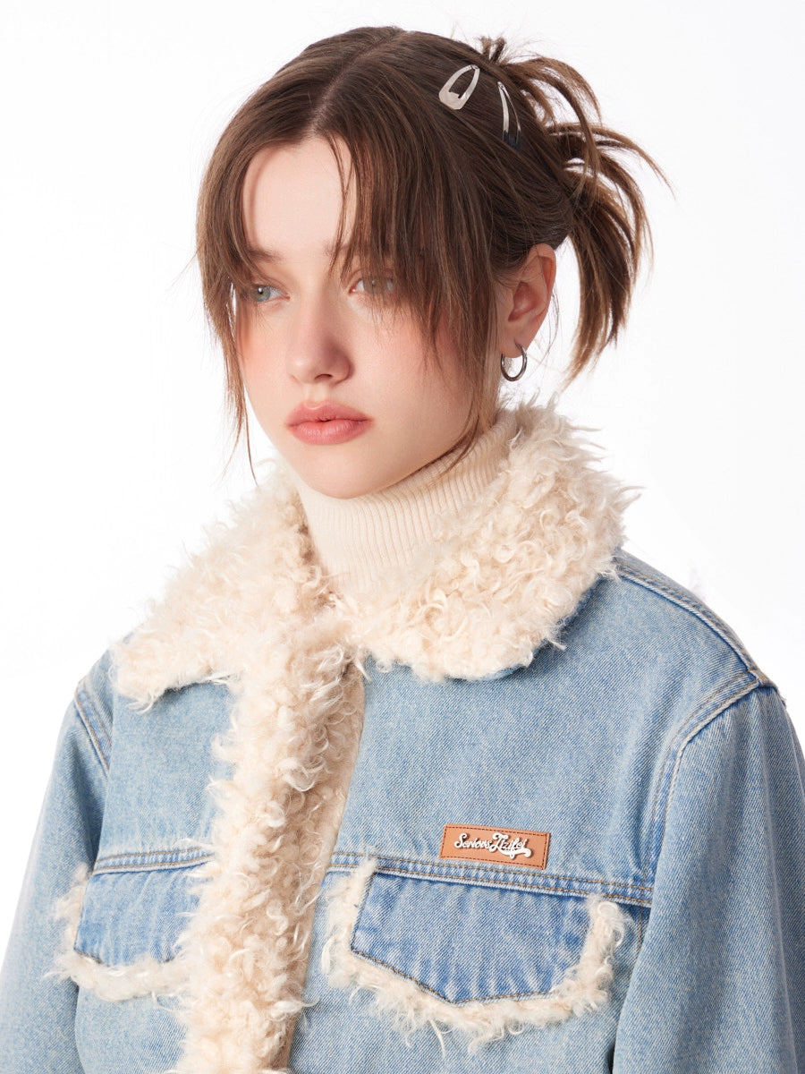 American thickened cotton denim lamb wool coat