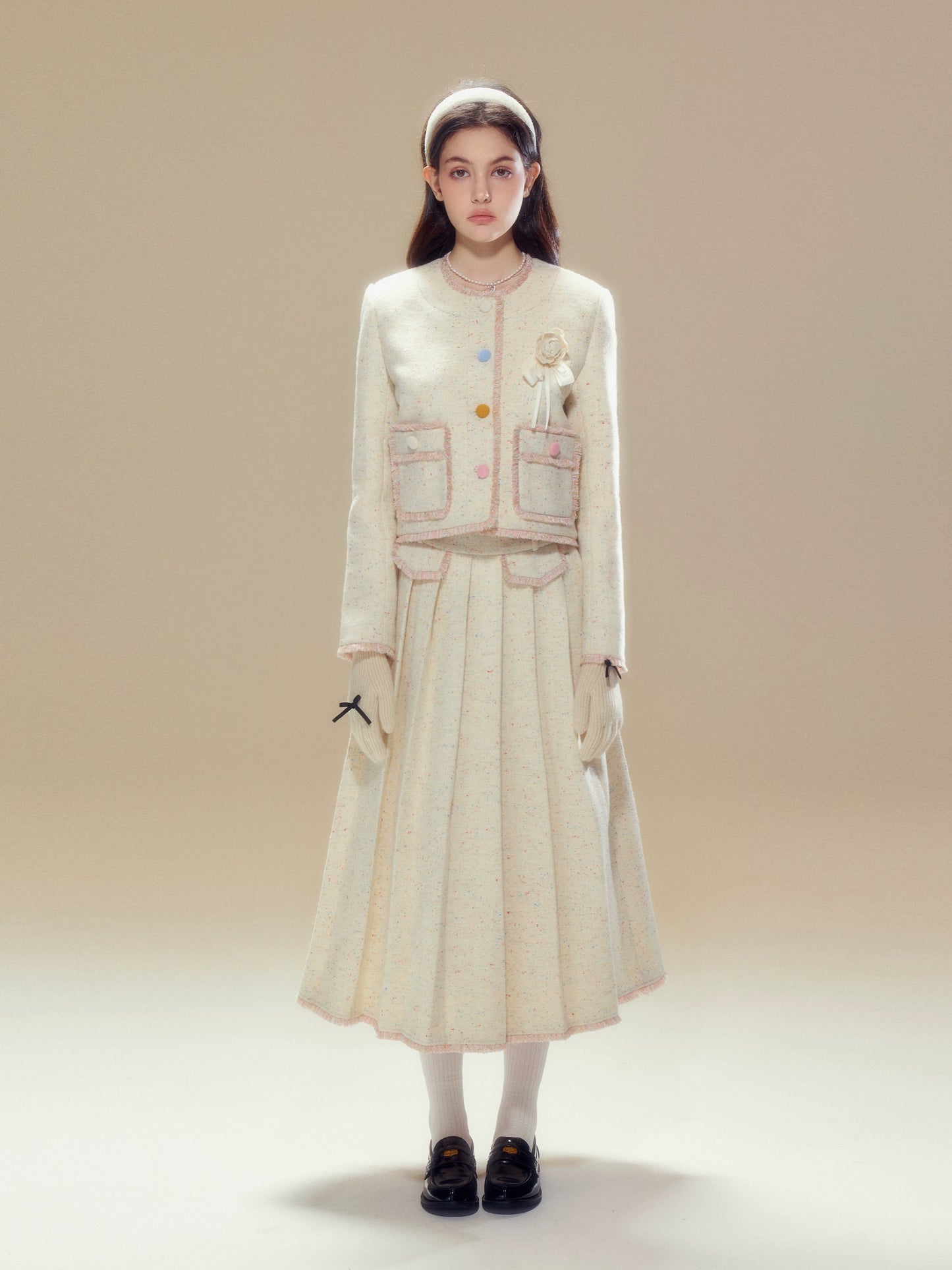 Wool coat pleated long skirt set