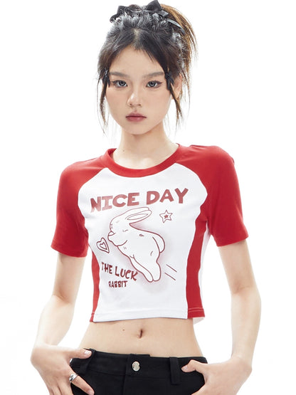 American Round Neck Rabbit Print Top