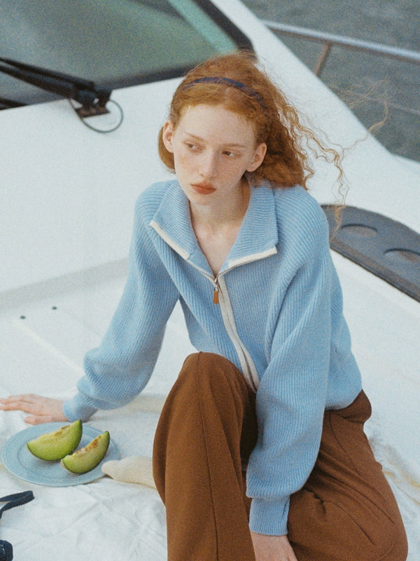 Retro lapel zip knit jacket