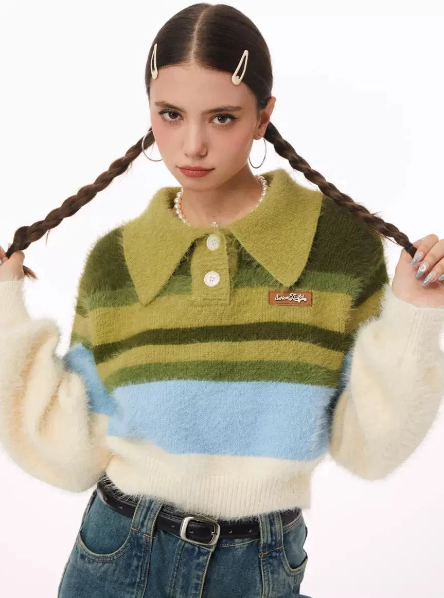 American retro polo neck contrast striped Tops