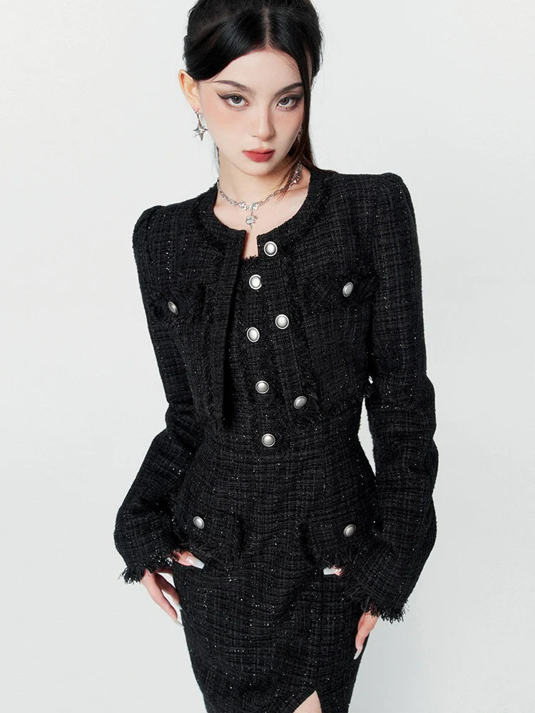 Modus Chic Short Tweed Jacke + Schlitz Long Tweed Kleid