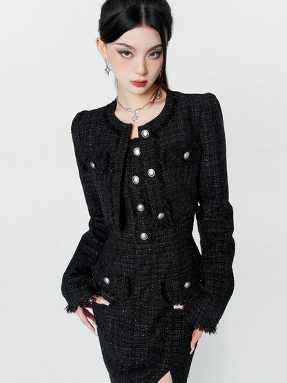 Mode Chic Short Tweed Jacket + Slit Long Tweed Dress