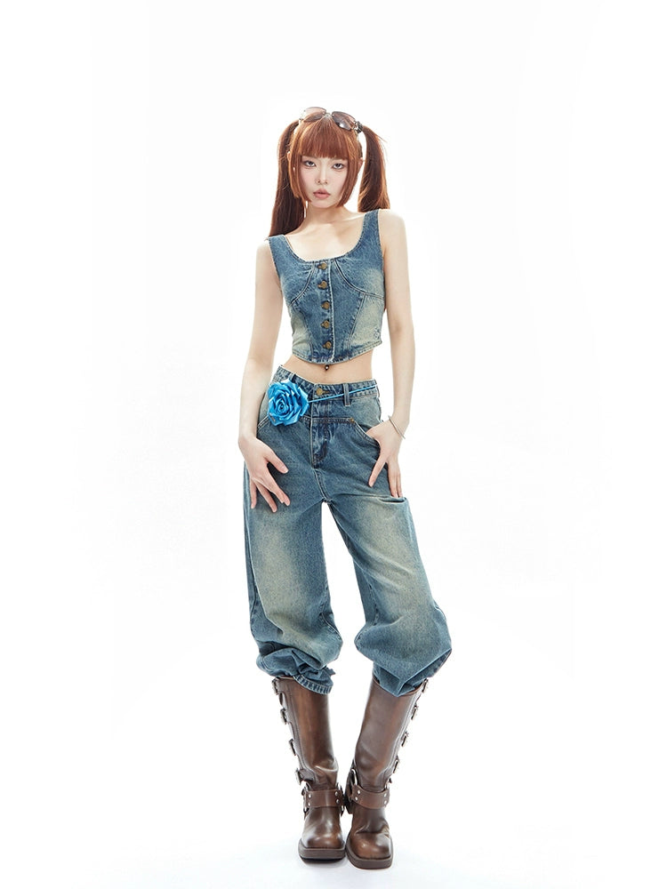 American Denim Vest Wide Leg Pants Set