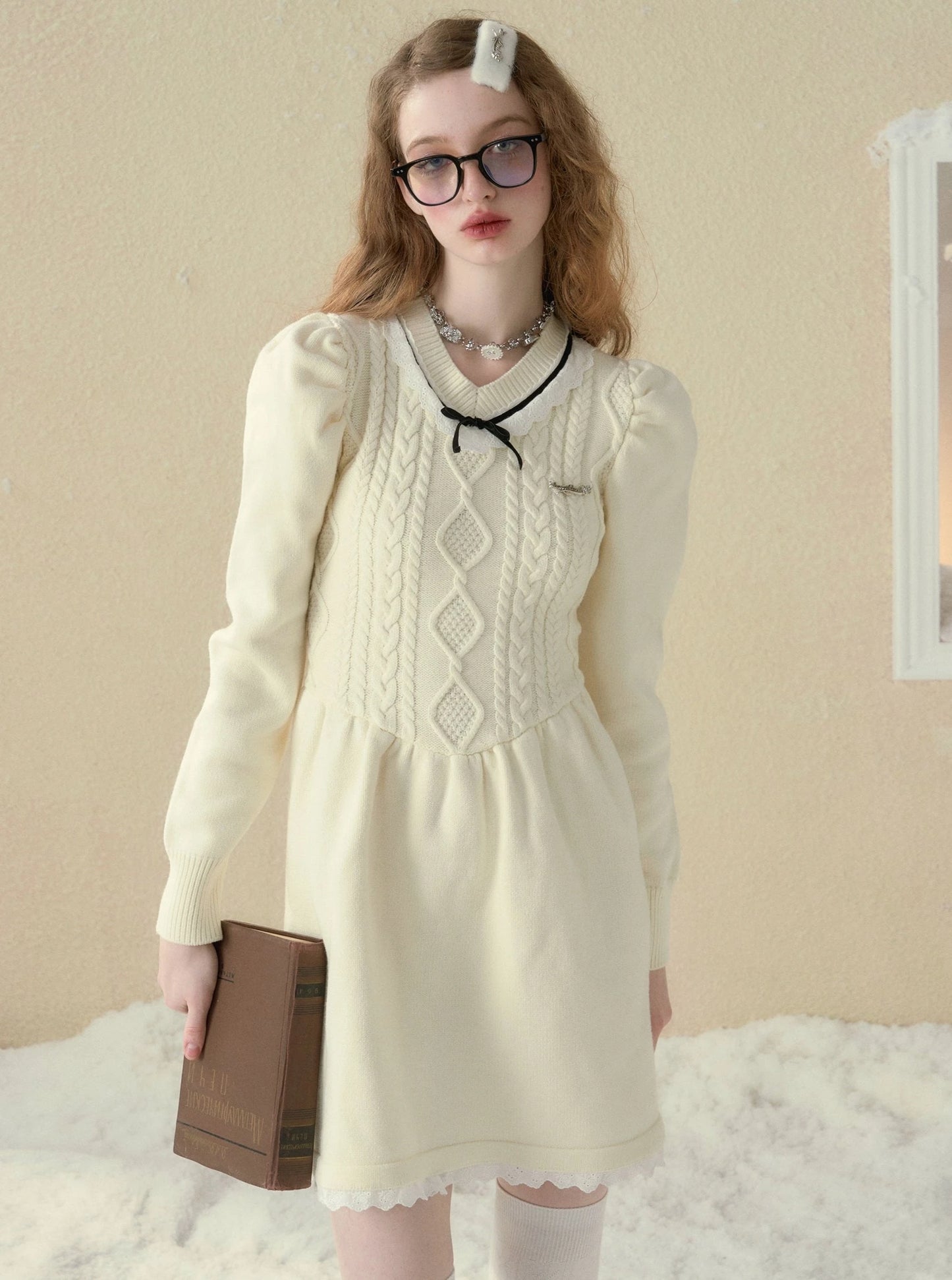 Original V-neck beige dress