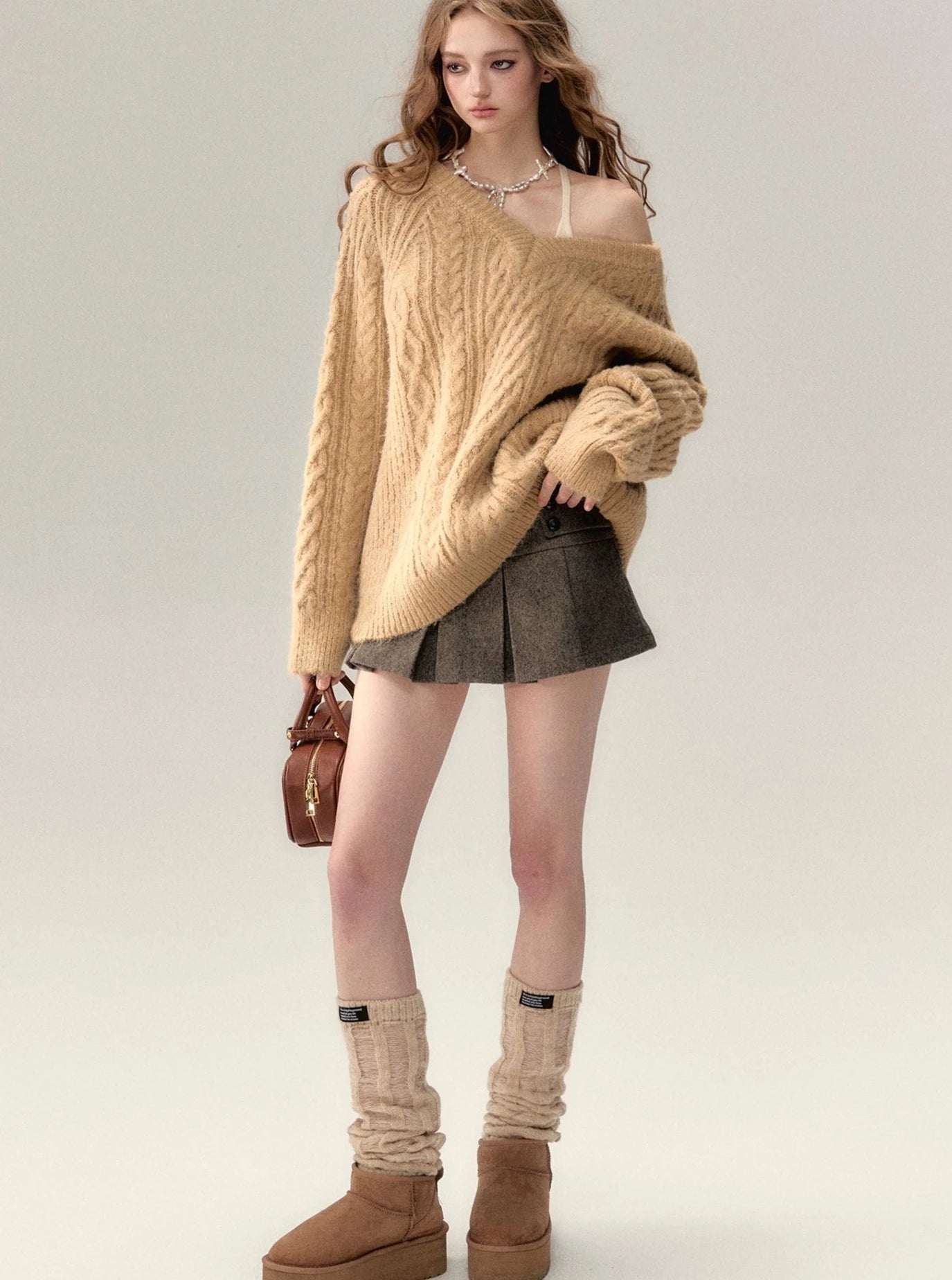 V-neck knit sweater coat set