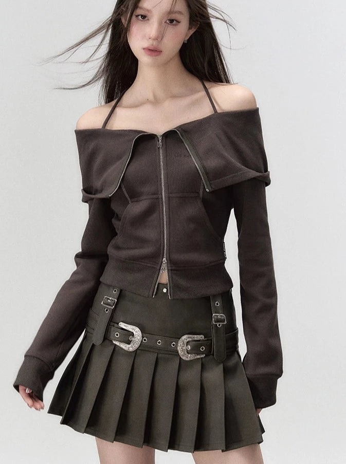 leather metal belt pleated skirt