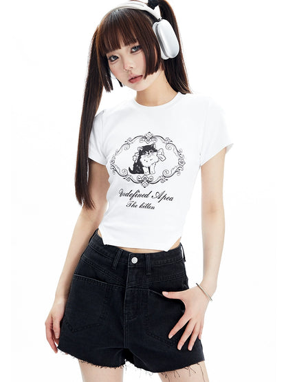 Denim cat printed short sleeved T-shirt