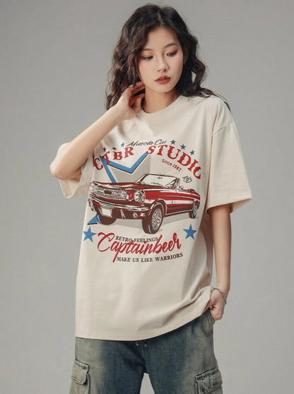 American Retro Car Loose Crew Neck T-Shirt