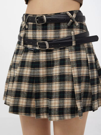 American retro a-line high-waisted check plaid skirt