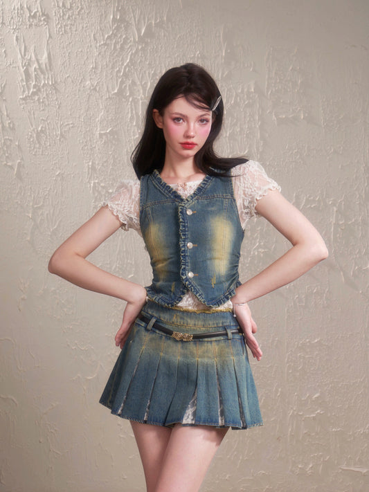 Vintage lace denim vest top pleated skirt Set