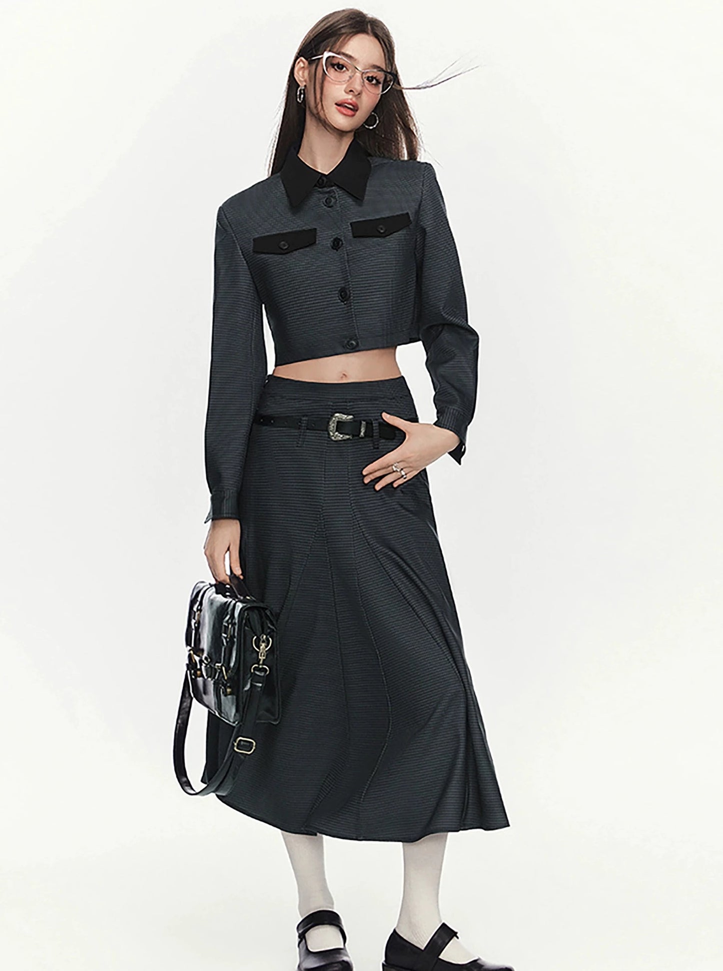 Workwear Style Patterned Tops Skirt Two-Piece Set