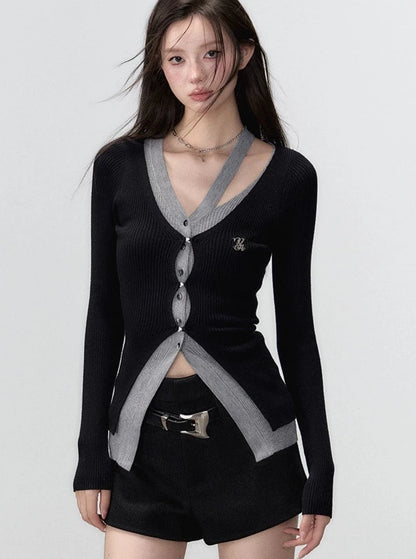 Cropped fake two irregular long sleeve knit top