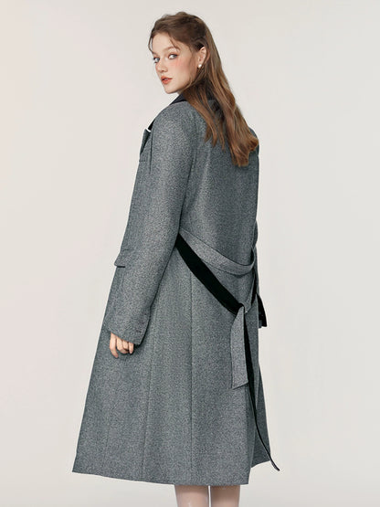 Spliced herringbone midi tweed coat