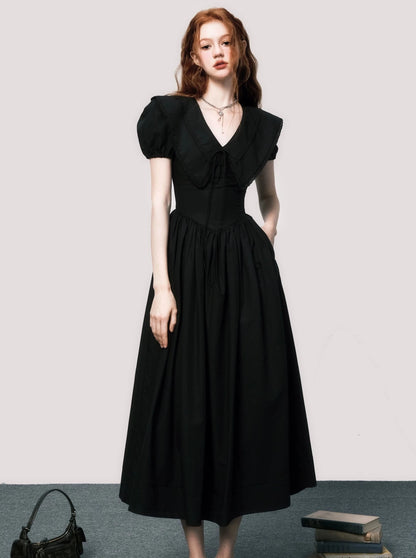 V-Neck-Puffärmel schwarzes Kleid