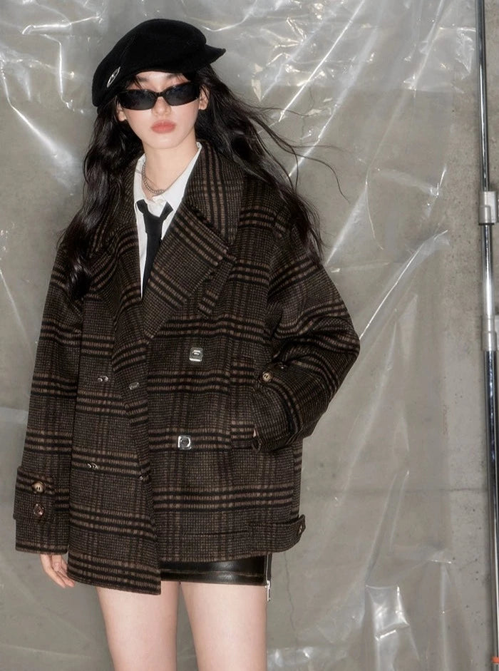 Plaid suit collar double-sided woolen coat