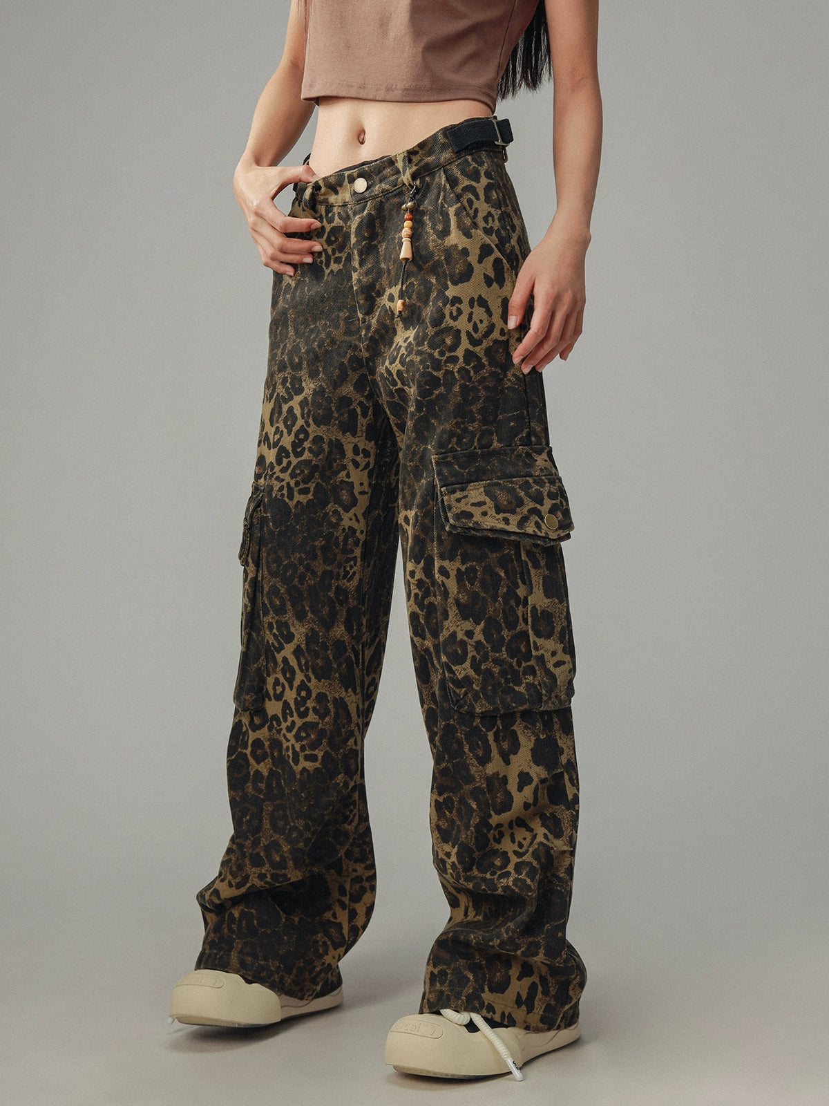 American Retro Leopard Print Pocket Pants