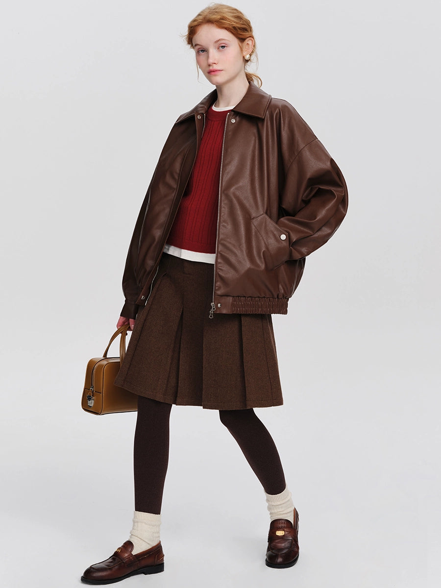 PU Brown Leather Coat