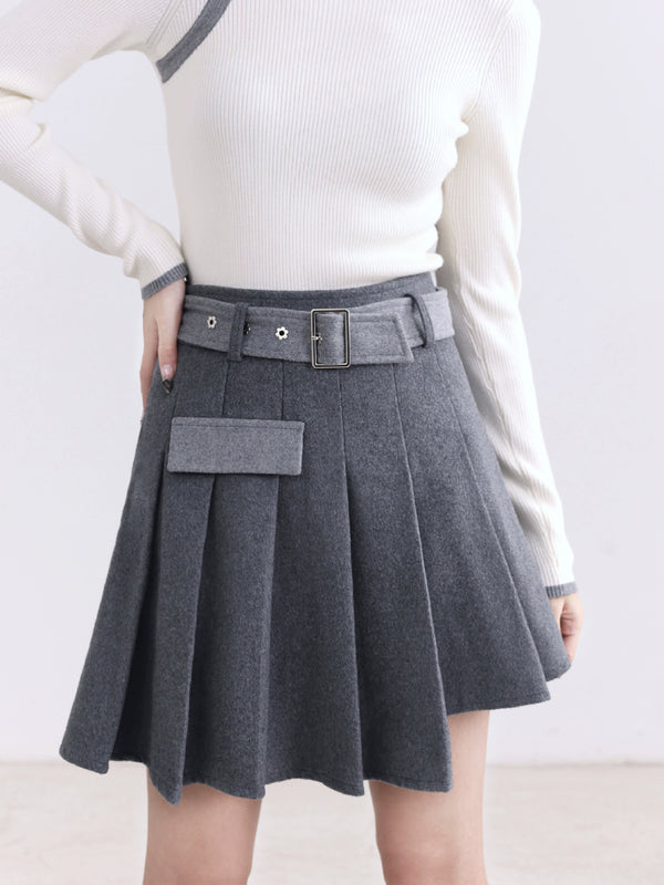 Wool panels pleated skirt