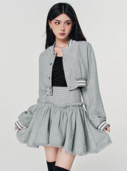 Retro College Tweed Jacket + Small Flared Skirt